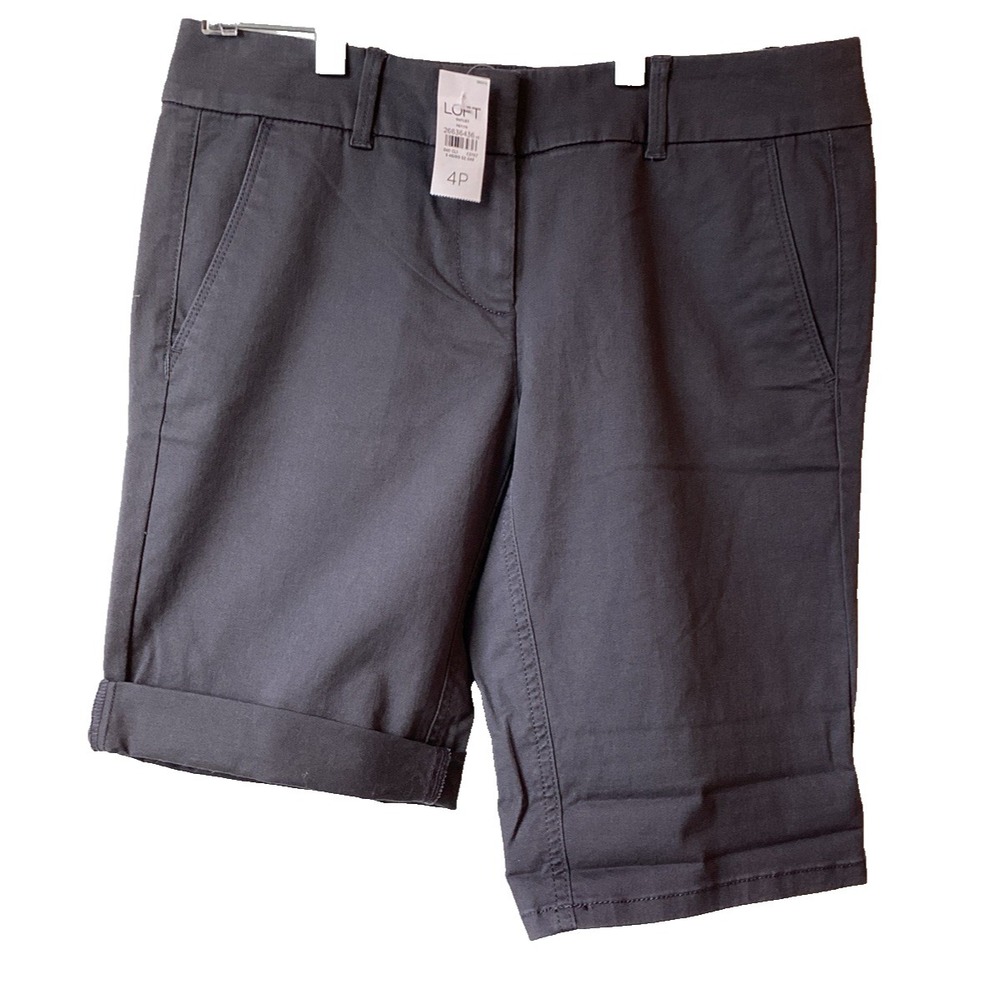 Loft‎ Size 4P Petite Bermuda Roll Short Blue Chino Mid Rise Cotton Blend NWT